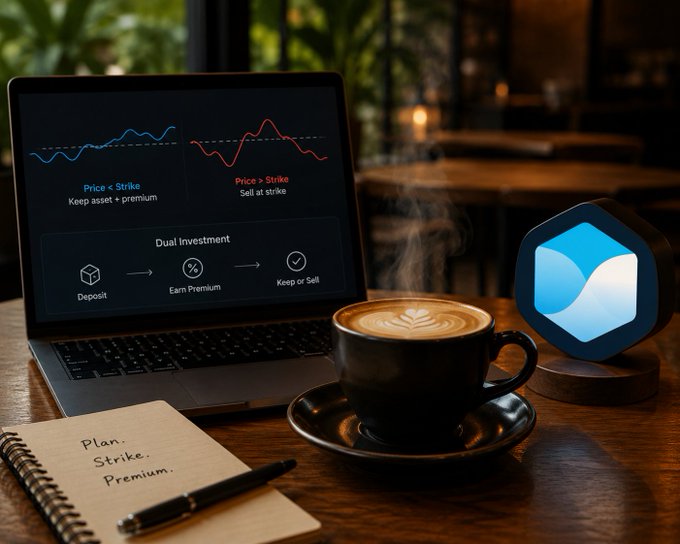 A laptop displays a 'Dual Investment' diagram comparing 'Price < Strike' and 'Price > Strike' scenarios next to a steaming latte and a blue crypto logo, with a notebook reading 'Plan. Strike. Premium.'