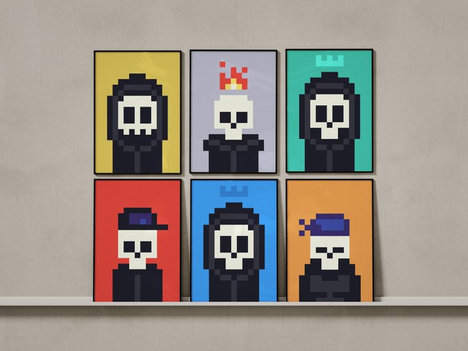 Six pixel-art posters displayed in a 2x3 grid, each featuring a grim reaper character with a skull face on different colored backgrounds (yellow, purple, teal, red, blue, orange).