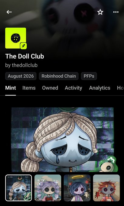 This appears to be a mobile screenshot of an NFT minting platform displaying "The Doll Club" collection by thedollclub on Robinhood Chain, dated August 2026. The post promotes a free mint with 3,333 total supply, likely referencing the available drops shown in the carousel featuring various doll character designs.