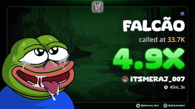 Gaming graphic showing a crying, drooling Pepe the Frog character with text 'FALCÃO called at 33.7K' and '4.9X' over a dark swamp background, attributed to 'ITSMERAJ_007'.