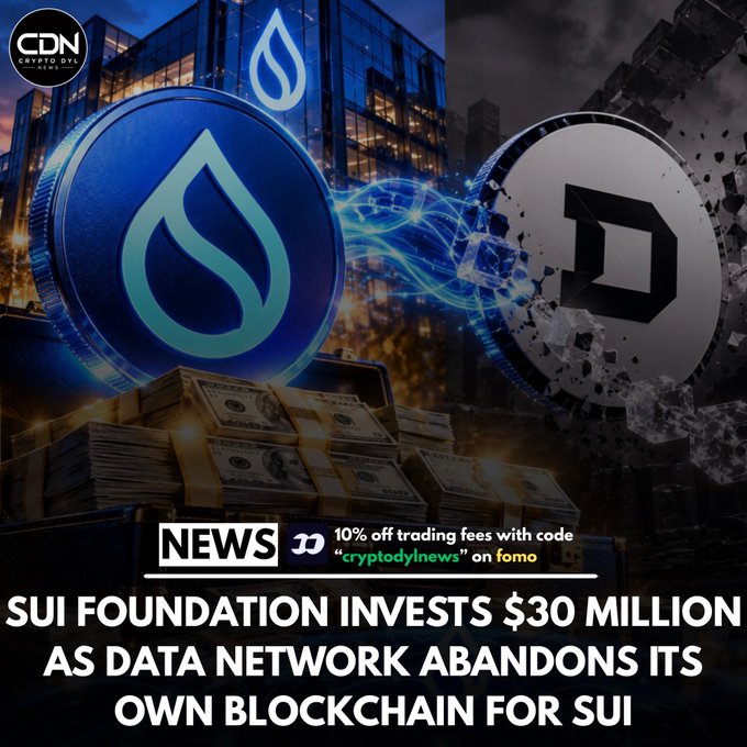 A crypto news graphic featuring Sui and a cryptocurrency coin, with text reading "NEWS - SUI FOUNDATION INVESTS $30 MILLION AS DATA NETWORK ABANDONS ITS OWN BLOCKCHAIN FOR SUI" and a promo for 10% off trading fees on fomo.
