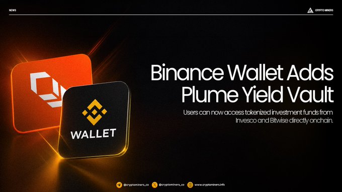 A promotional news graphic with the text 'Binance Wallet Adds Plume Yield Vault' explaining that users can now access tokenized investment funds from Invesco and Bitwise directly onchain, featuring Binance and Wallet logos.