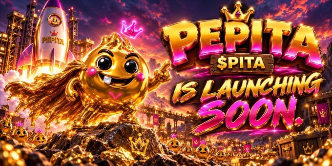 A colorful promotional graphic featuring a gold cartoon character with a crown, alongside bold text reading 'PEPITA $PITA IS LAUNCHING SOON!' set against a cityscape backdrop.