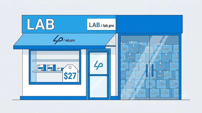 An illustration of a storefront labeled 'LAB' with 'lab.pro' branding, featuring blue signage, a window display showing $27 pricing, and stacked boxes visible through the glass doors.