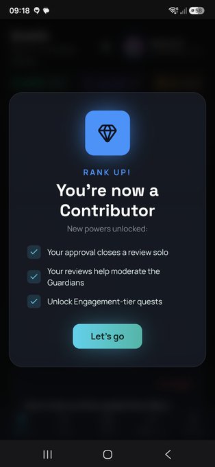 Mobile app screen showing "RANK UP! You're now a Contributor" with unlocked features listed and a "Let's go" button.