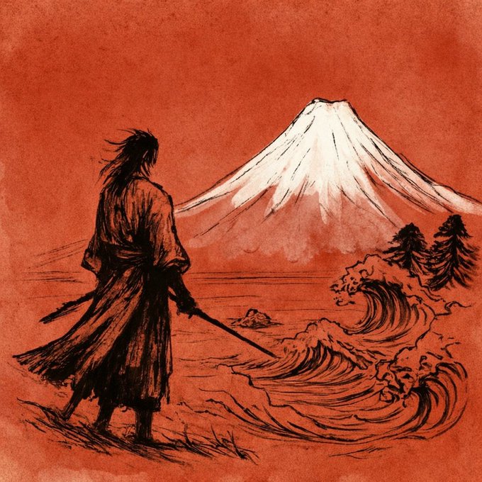 A monochromatic red and black ink-style illustration of a samurai standing by a turbulent sea, gazing at Mount Fuji in the distance.