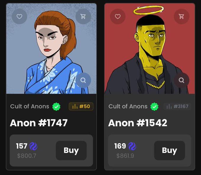 Two NFT character cards from the 'Cult of Anons' collection, showing 'Anon #1747' priced at $800.7 and 'Anon #1542' priced at $861.9, both available for purchase.