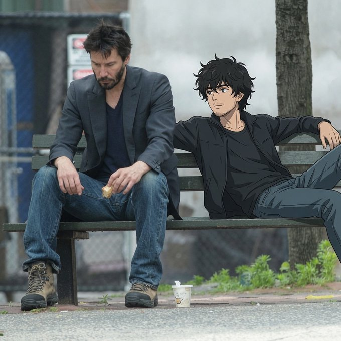 A composite image showing a real man in a gray blazer and jeans sitting on a park bench next to an anime-style illustrated male character in black clothing lounging on the same bench, with a discarded cup on the ground between them.