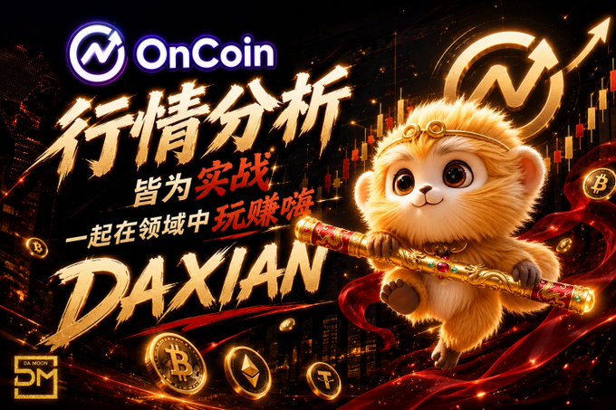 A promotional graphic for "OnCoin" featuring a cartoon monkey holding a staff, Chinese text including "行情分析" (Market Analysis) and "DAXIAN", surrounded by cryptocurrency logos and stock chart elements.