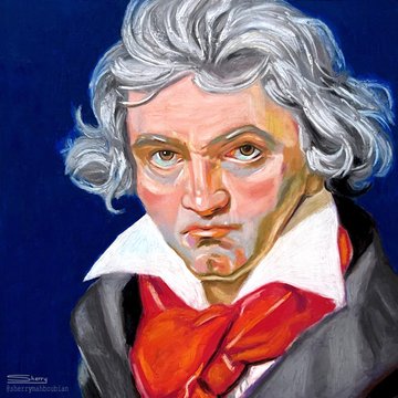 A painted portrait of Ludwig van Beethoven, depicting him with wild grey hair and a red cravat against a blue background.