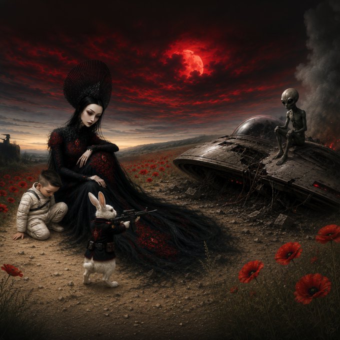 A dark fantasy scene shows a woman in an elaborate black gown, a child in an astronaut suit, and an armed rabbit standing in a field of red poppies near a crashed UFO with a grey alien sitting on it, all under a blood-red moon.