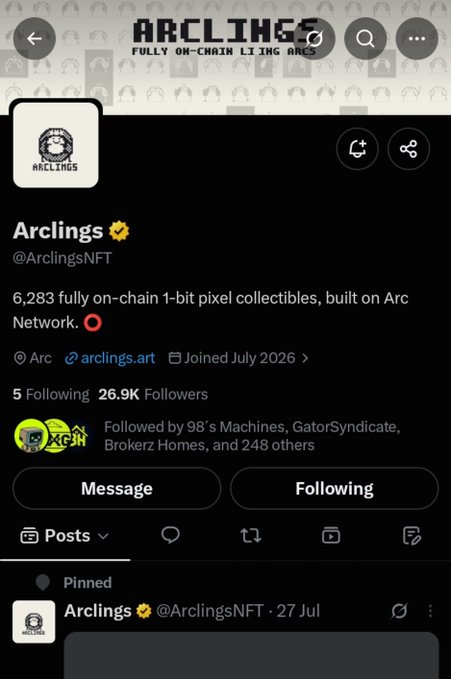 Screenshot of the "Arclings" (@ArclingsNFT) Twitter/X profile displaying a verified yellow checkmark, 26.9K followers, and the bio describing it as "6,283 fully on-chain 1-bit pixel collectibles, built on Arc Network" — matching the post announcing a whitelist giveaway for the first fully on-chain identity collection on Arc (Circle's L1).