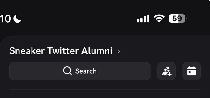 A mobile app interface showing 'Sneaker Twitter Alumni' with a search bar and icons for adding members and viewing a calendar.