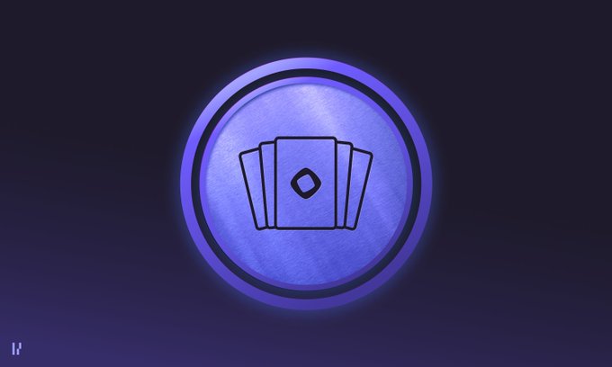 A glowing blue circular emblem features a fan of NFT-style cards with a central diamond symbol, visually representing the soulbound NFT Badge that will be awarded to participants of Perpl's Monad Cards Invitational Tournament, which has 7 hours remaining.