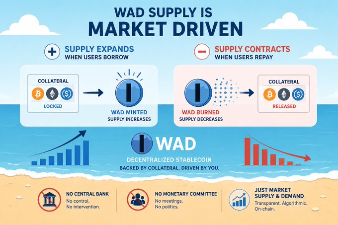 An infographic titled 'WAD SUPPLY IS MARKET DRIVEN' explaining how the decentralized stablecoin WAD expands when users borrow and contracts when they repay, backed by crypto collateral with 'NO CENTRAL BANK' or 'MONETARY COMMITTEE'.