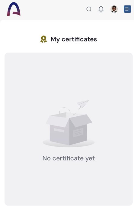 The image shows an empty "My certificates" page on the Encode platform displaying "No certificate yet" with an illustration of an empty box and paper airplane. This directly relates to the user's question, visually confirming that their certificate has not yet appeared, suggesting they are not alone in waiting for it.