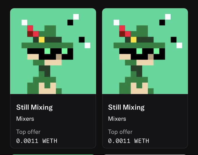 Two identical pixel art character cards titled 'Still Mixing' by 'Mixers' with a top offer of 0.0011 WETH, featuring a green-hatted character on a teal background.