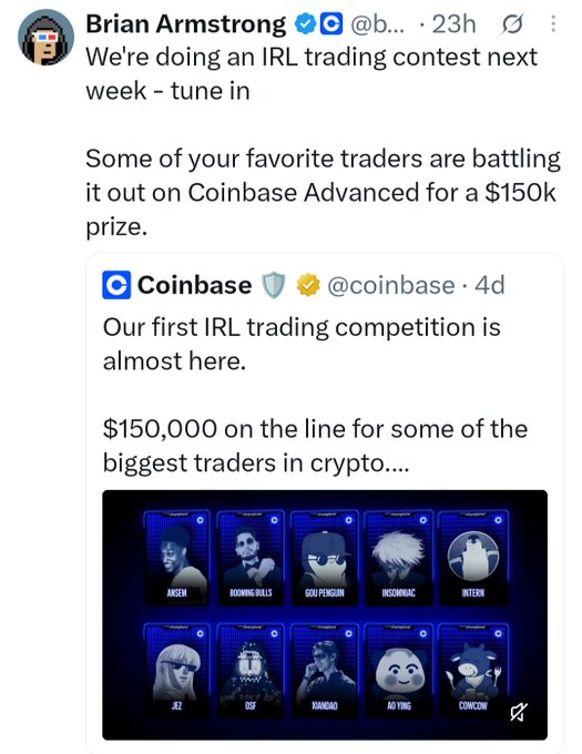 A tweet from Brian Armstrong (@baborums on Coinbase) announcing an IRL trading contest with a $150k prize, quoting Coinbase's announcement featuring crypto traders.