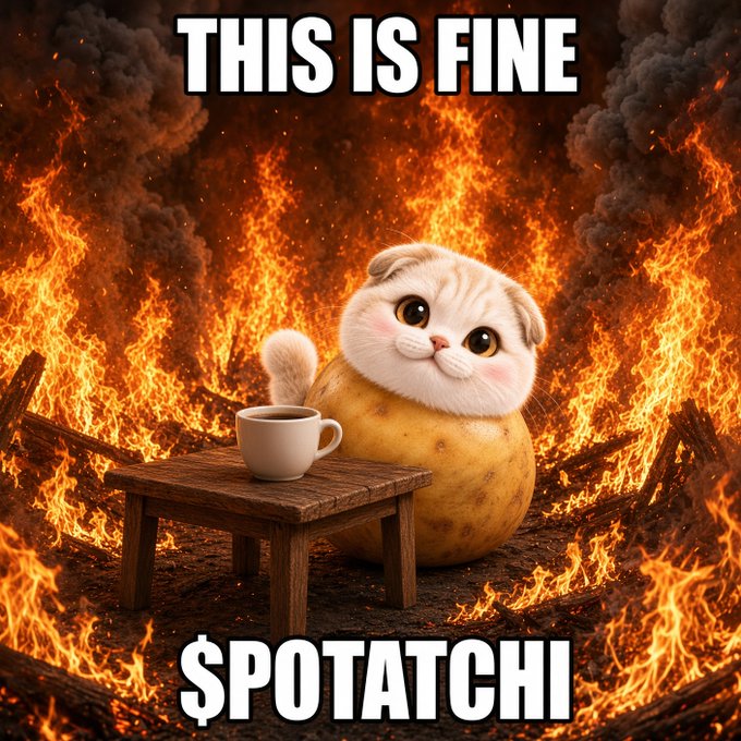 A meme featuring a cute cat-like creature sitting at a small table with a coffee mug, surrounded by raging flames, with text reading "THIS IS FINE" at the top and "$POTATCHI" at the bottom.