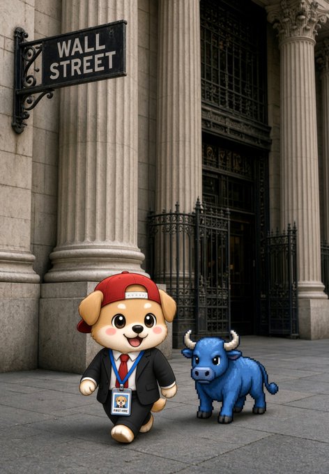 An animated illustration of a cartoon dog wearing a red cap and suit with a "WALL ST" ID badge, walking alongside a blue bull in front of the New York Stock Exchange building beneath a "WALL STREET" sign.