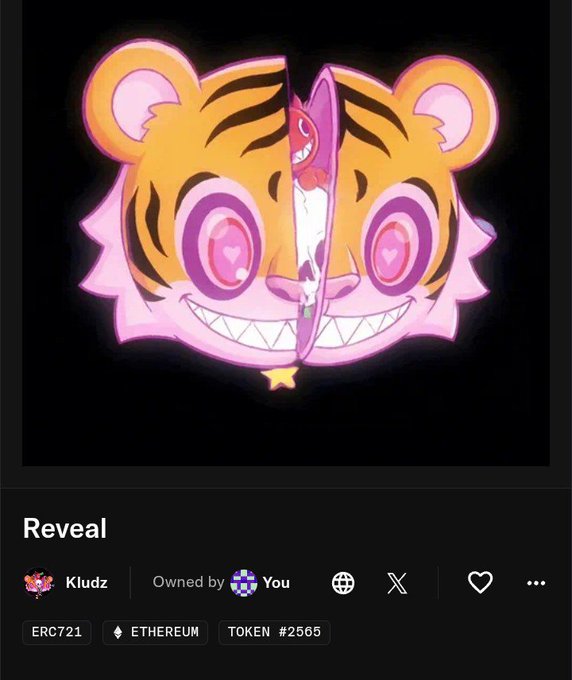 A digital NFT listing titled 'Reveal' shows artwork of a smiling tiger face split down the middle, revealing another character behind it. The NFT is named 'Kludz', is an ERC721 token (#2565) on Ethereum, and is 'Owned by' the viewer.