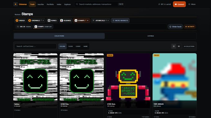 A screenshot of the Uniswap marketplace displaying a collection of pixel art stamps with green smiley faces.