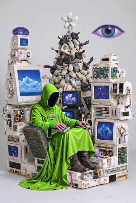 A surreal digital artwork of a hooded green figure labeled 'P+HC' using a keyboard while seated on a throne of old computer monitors and electronics, with a large purple eye floating nearby.
