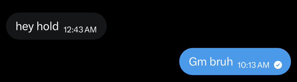 A text message exchange where someone says "hey hold" at 12:43 AM and the reply "Gm bruh" at 10:13 AM is shown, representing the casual DMs the poster received from notable figures—tied to their excitement about being noticed without having to chase engagement in comments.
