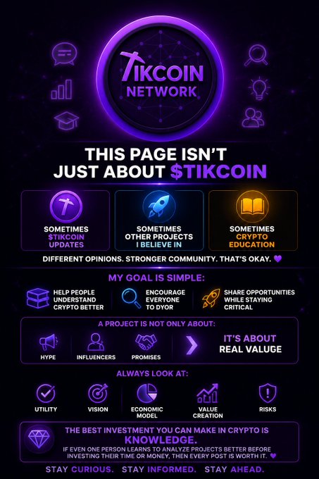 A purple-themed Tikcoin Network infographic emphasizing that the page covers more than just $TikCoin, featuring sections on "Sometimes $TikCoin Updates," "Sometimes Other Projects I Believe In," and "Sometimes Crypto Education," along with goals like helping people understand crypto, encouraging DYOR, and focusing on utility, vision, economic model, value creation, and risks.

The image visually reinforces the post's message that the page is a broader crypto hub for diverse content, not exclusively $TikCoin updates.