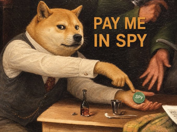 A classical painting edited to feature a Shiba Inu dog's head, pointing at a coin that says 'SPY'. Orange text overlay reads 'PAY ME IN SPY'.