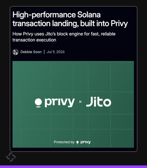 A blog post announcement titled "High-performance Solana transaction landing, built into Privy" by Debbie Soon, dated July 9, 2026, features a green graphic displaying the Privy and Jito logos alongside the text "Protected by Privy," visually representing the partnership between Privy and Jito to launch FullSend for improved transaction landing and MEV protection on Solana.