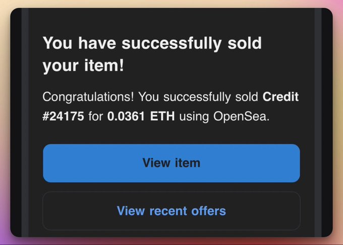 A user celebrates selling an NFT called "Credit #24175" on OpenSea for 0.0361 ETH, with the post boasting about an 8-to-100 dollar crypto profit turnaround.