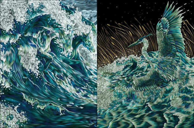 Two artworks displayed side by side: a blue ocean wave on the left and a dark, mythological bird-like creature emerging from waves on the right.