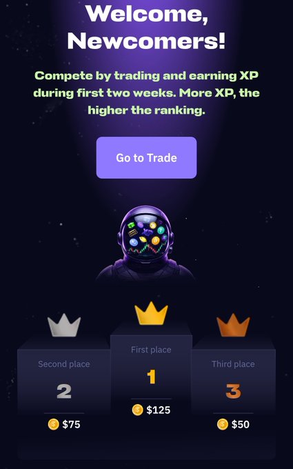 A promotional graphic welcoming newcomers to trade and earn XP, showing prize rankings with crowns: First place ($125), Second place ($75), and Third place ($50).