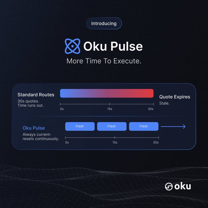 A promotional graphic introducing 'Oku Pulse' with the tagline 'More Time To Execute.', comparing 'Standard Routes' that expire in 30s to 'Oku Pulse' that resets continuously.