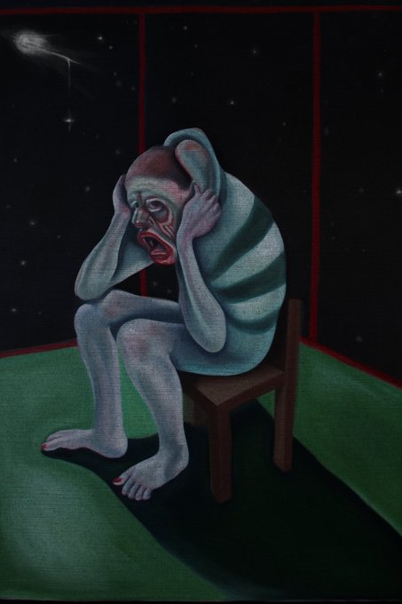 A dark, surrealist painting depicting a hunched, crying figure sitting on a wooden chair with hands covering their ears, set against a dark background with a shooting star, evoking feelings of despair or isolation.