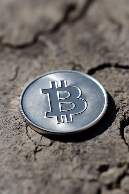 A silver physical Bitcoin coin with the ₿ symbol resting on cracked, dry earth.