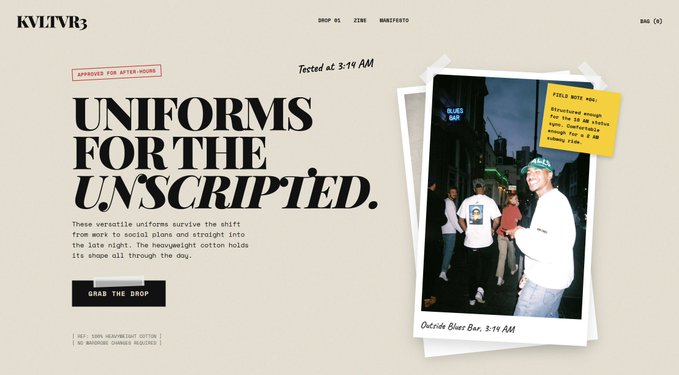 A fashion website header for KULTVR featuring the text 'UNIFORMS FOR THE UNSCRIPTED' alongside a polaroid-style image showing 'Outside Blue Bar, 3:14 AM' with a yellow sticky note marked 'FIELD NOTE #01'.