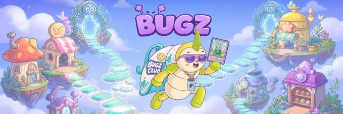 A colorful banner for "BUGZ" featuring a cartoon turtle character wearing sunglasses and holding a card, with floating islands connected by glowing steps in the background. The text "BUGZ" is prominently displayed at the top, with "BUGE CLUB" on the character's shell, aligning with the announcement of Genesis Bugz by @unvault and their multi-chain marketplace initiative.