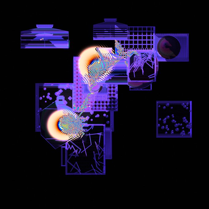 An abstract digital artwork with a black background featuring purple geometric panels, sunburst patterns, and web-like structures in orange and blue hues.