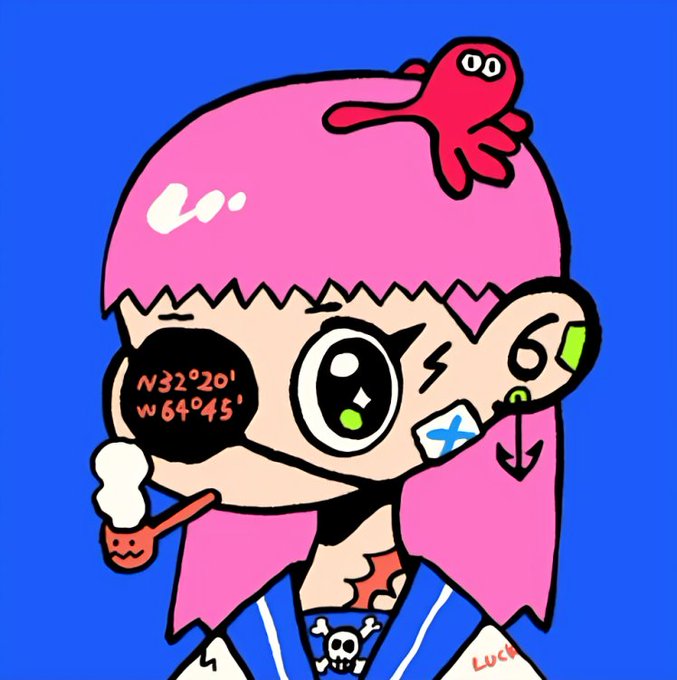 A colorful cartoon illustration of a pink-haired character with one large eye patch reading 'N32°20' W64°45', a small red figure on their head, and various tattoos, set against a bright blue background.