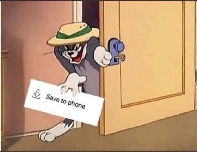 Tom from Tom and Jerry sneaks through a door offering a "Save to phone" button, humorously illustrating the poster's habit of compulsively saving every chart screenshot just in case.