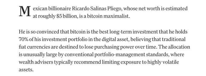The image shows a close-up shot of a website with black text printed against a grey background. The title of the image is "Mexico's Seventh Billionaire Says Around 70% of His Portfolio Is Allocated to Bitcoin Mexican billionaire Ricardo Salinas Pliego, ranked seventh among Mexico’s richest". In this case, the focus should be on the content displayed in the image, such as the words 'bitcoin', 'Mexico', and '70%'. The background color is not relevant to understanding the content of the image or its relevance to the post.