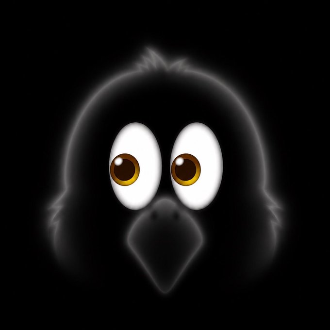 A minimalist digital illustration of a dark bird or chick silhouette with large expressive brown eyes and a small beak, set against a black background. The image's mysterious, crow-like appearance ties into the "#CAW" hashtag, which represents the sound a crow makes.