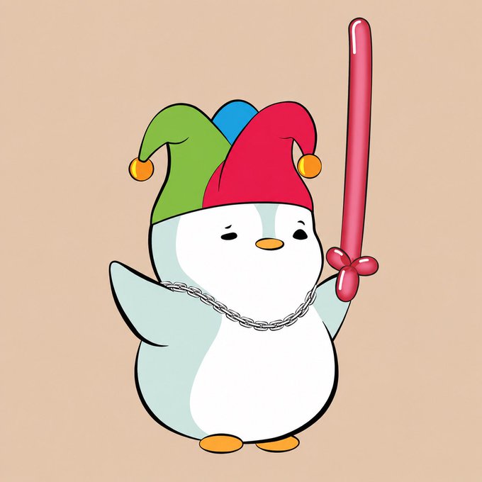 A cute cartoon illustration of a baby penguin wearing a colorful jester hat and a silver chain necklace, holding a pink lightsaber-like sword against a beige background.