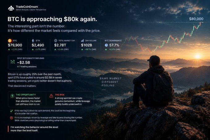 A financial infographic titled 'TradeCoinDream' stating 'BTC is approaching $80k again,' showing market data like BTC at $79,900 and ETH at $2,490 alongside a person overlooking mountains.
