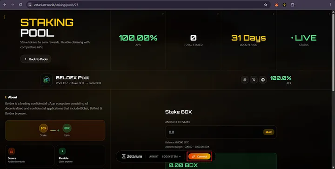 A screenshot of a cryptocurrency 'STAKING POOL' webpage on zetarium.world showing 100.00% APR, 31 days lock period, and a BELDEX BOXX pool with options to stake BOX tokens.
