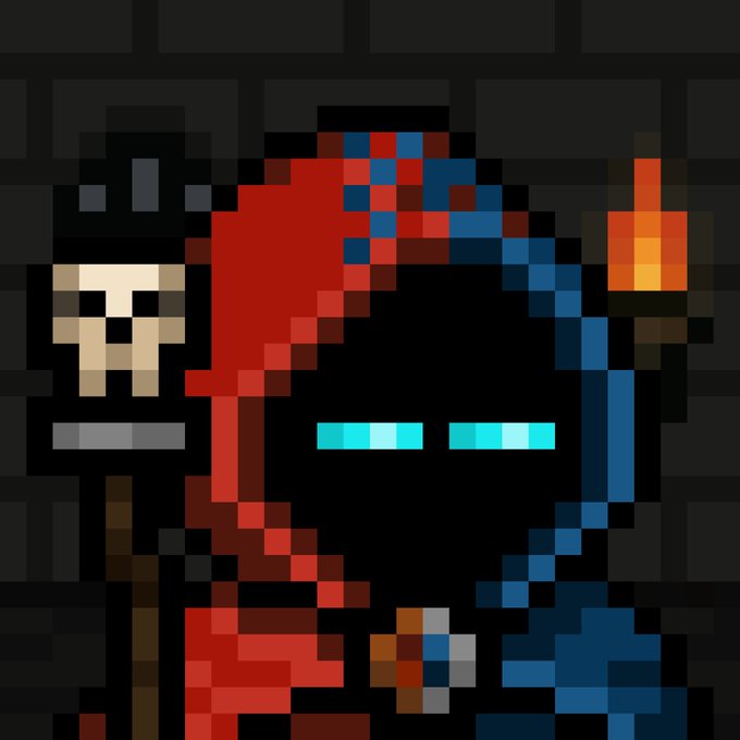 A pixel art image depicting a grim reaper figure in a red and blue robe holding a scythe, accompanied by a skeleton.