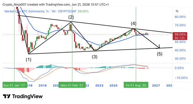 The image shows a line graph depicting Bitcoin dominance over time, possibly showing the growth of a cryptocurrency. It is accompanied by a text box that provides information about the chart or analysis behind it. The caption below the image reads "Focus on what is in the image and how it relates to the post".
