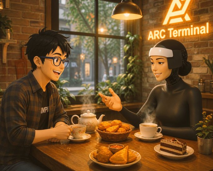 Anime-style illustration of a young man with glasses enjoying tea and snacks (samosas, cake) at a café called 'ARC Terminal' with a sleek humanoid robot companion wearing a futuristic helmet.